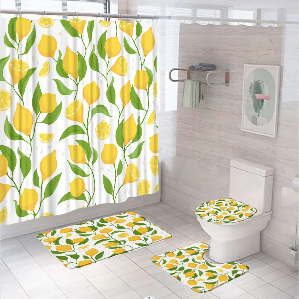 Yellow Lemon Shower Curtains Sets Anti-slip Rug Lid Toilet Cover Bath Mat Plants Watercolor Green Leaves Fruits Bathroom Curtain