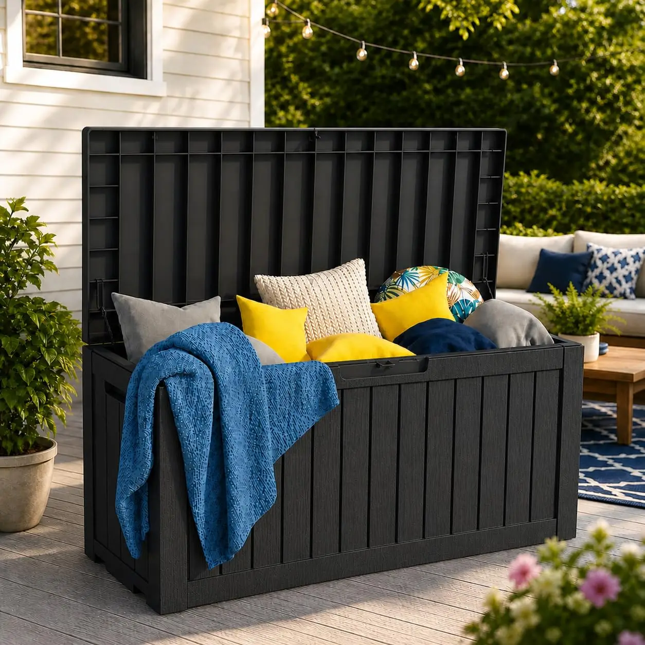230 Gallon XXL Outdoor Deck Box, Waterproof Resin Storage Box Bench with Lock, Large Patio Cushion Storage, Garden, Customized