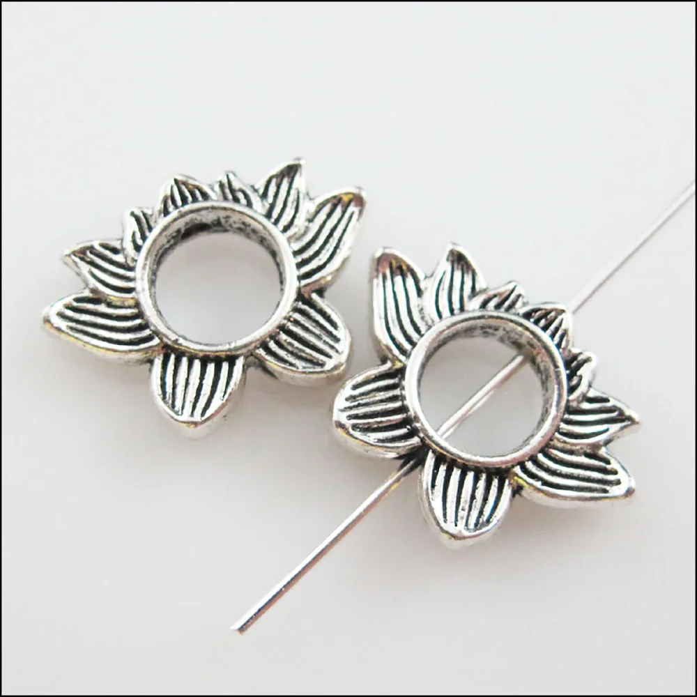 15Pcs Tibetan Silver Color Lotus Flower Spacer Beads Frame Charms 13.5x19mm