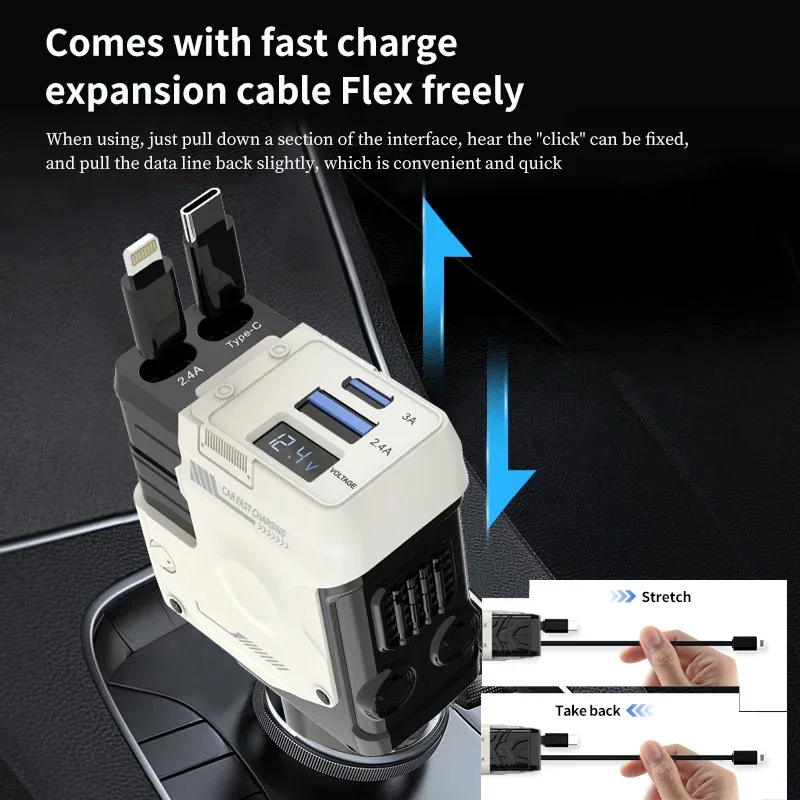 Car Charger 4in1 Retractable Car Cigarette Lighter Adapter USB Type C Super Fast Charger Swivel High Compatibility