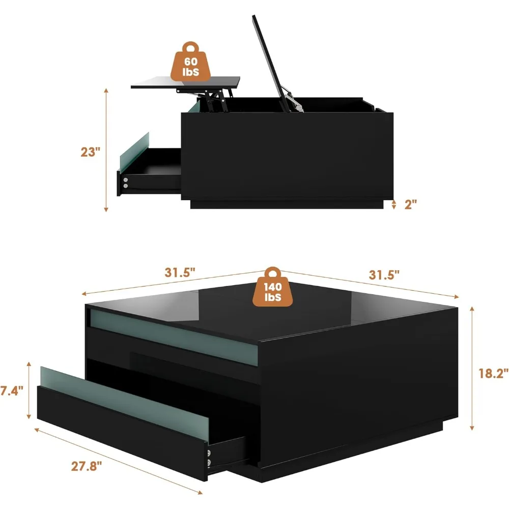 طاولة قهوة عالية اللمعان مع مساحة تخزين، وطاولة قهوة مربعة الشكل باللون الأسود مع غطاء LED وطاولة قهوة حديثة صغيرة #1