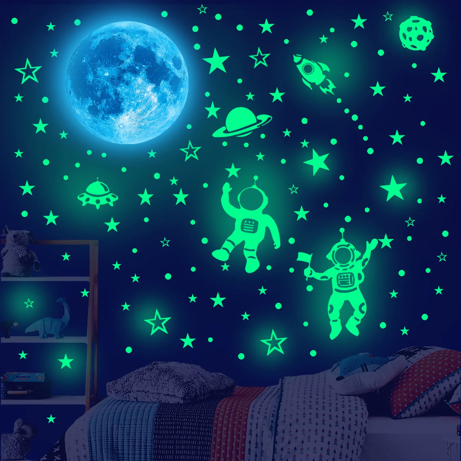 New Cross-border Lunar Astronaut Creative Green Glow-in-the-Dark Stickers Home Decoration Ceiling Wall Fluorescent Stickers