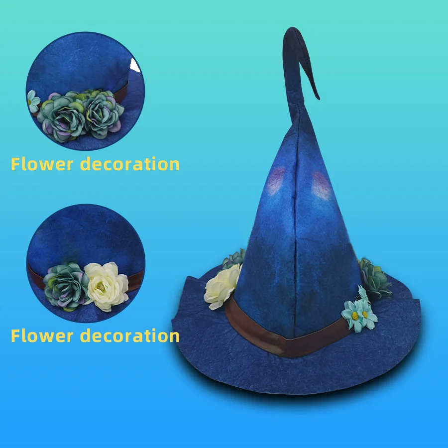 Halloween Witch Hat Cosplay Prop Dress Up Wicked Costume Accessory Soft Rose Flower Blue Flower Decor Halloween Felt Witch Hat