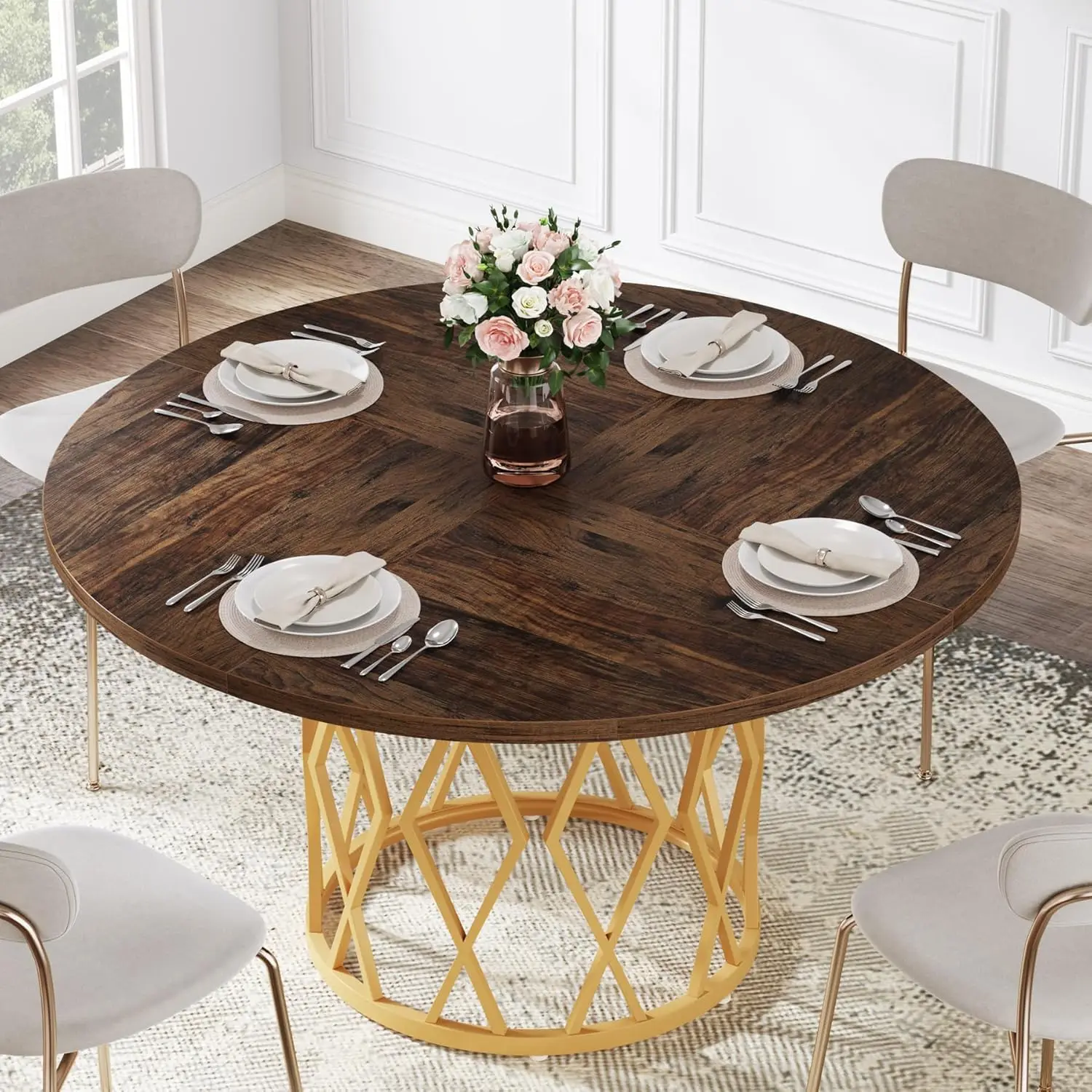 47-Inch Round Dining Table for 4-6 People, Farmhouse Circle Round Kitchen Dinner Table with Metal Base for Kitchen, Dining Room