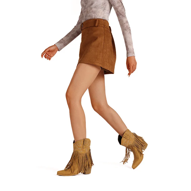 

Pointed-Toe Tassel Ankle Boots Punk Tassel Embroidered Chelsea Botines Soft Nubuck Leather Women's Botas Femininas