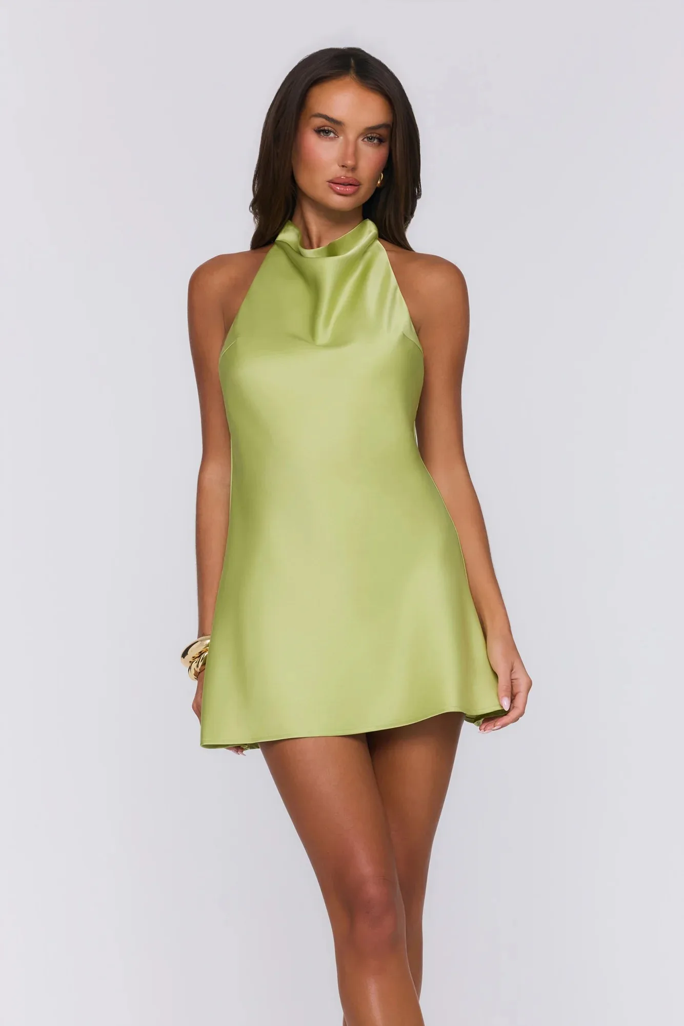 Women Satin Halter Neck Dress Solid Color Sleeveless Open Back Mini Dress