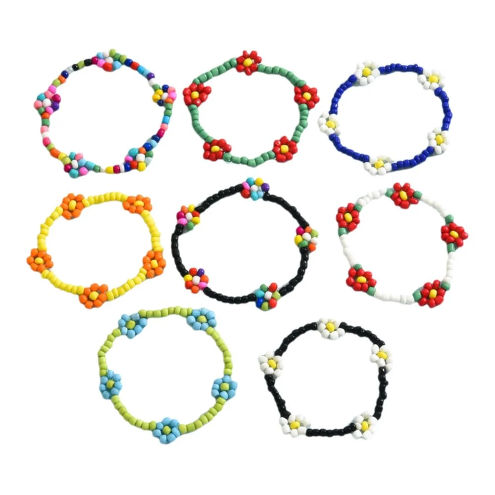 

8pcs Bohemia Colorful Small Flower Bracelet Multi Beaded Rice Beads Elastic Beaded Bracelet Wrist Jewelry Handmade
