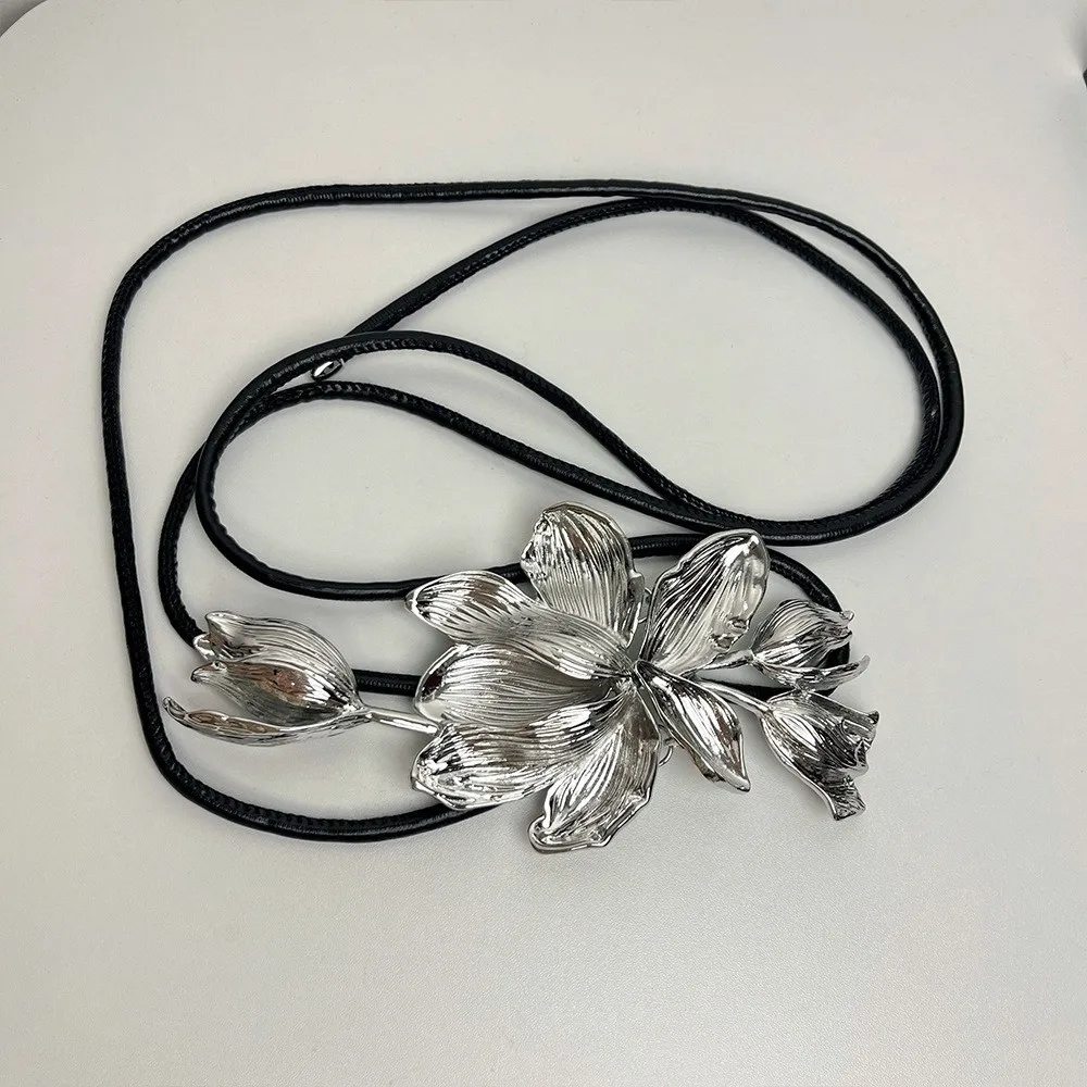 

Длинный регулируемый золотой пояс-тюльпан, винтажный сплав, металлический пояс с цветком, пояс из искусственной кожи, преувеличенный женский пояс