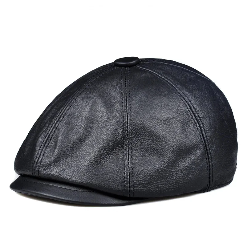 Men's Genuine Leather Warm Octagonal , Casual Vintage Newsboy Golf Driving Flat Cabbie Hat, Winter Male Artist Gatsby Cap