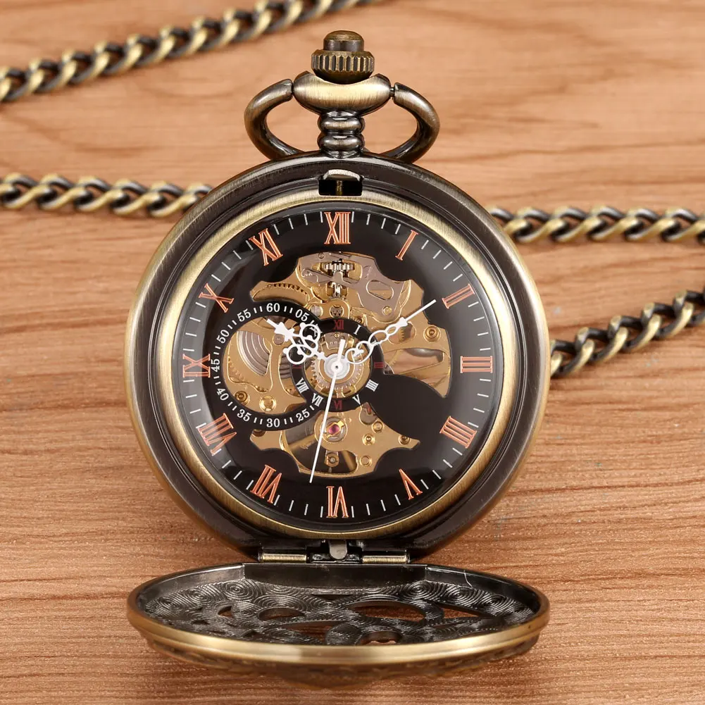 Steampunk Vintage Mechanical Hand Winding Pocket Watch with Watch Box Retro Gift Men Fob Chain Octopus Hollow Pendant Timepiece