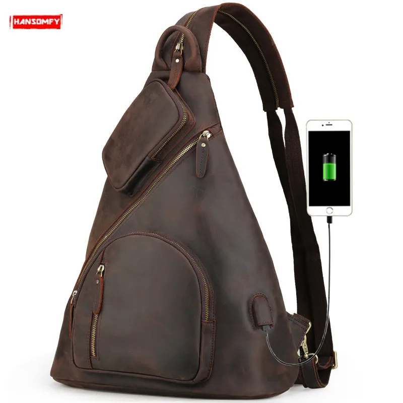 Genuine Leather Men's Backpacks Large Capacity Chest Bag USB Charging Backpack Shoulder Bags Retro Crazy Horse Leather Male