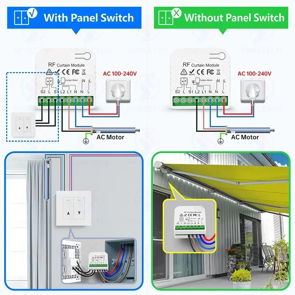 433Mhz Roller Shutter Curtain Remote Control Switch Module 110V 220V,Wall Panel Switch,5-in-1 Remote,for Blind/Garage Door/Motor