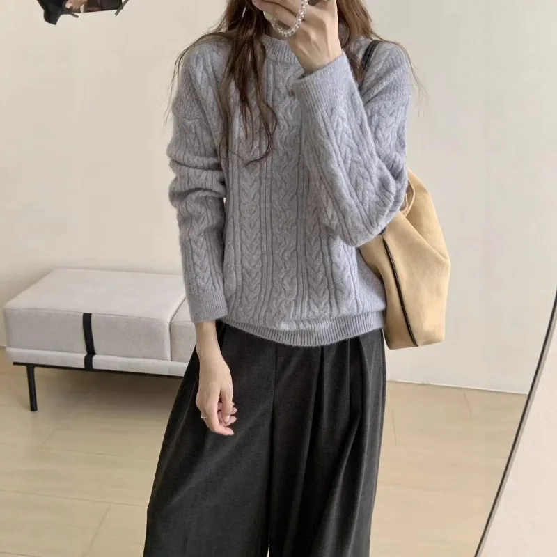 الخريف والشتاء المرأة الجديدة أنيقة محبوك جولة الرقبة البلوز سترة الكورية الراقية تصميم دافئ سترة بأكمام طويلة #3