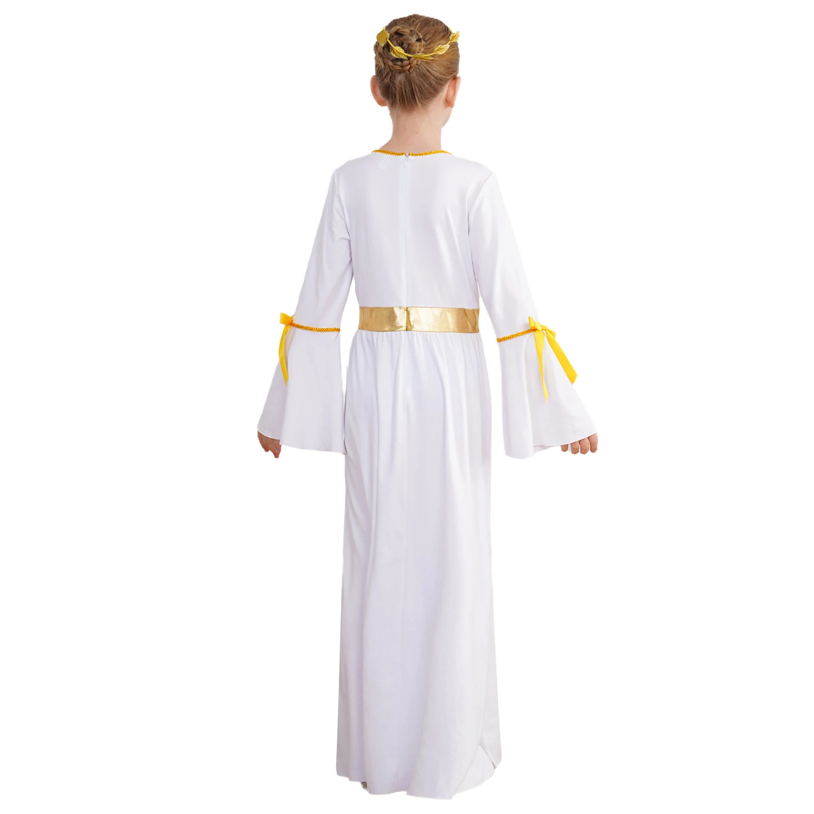 Girls Ancient Greek Goddesses Princess Cosplay Costume Halloween Themed Party Roman Toga Gold Trim Dress with Garland Headwear