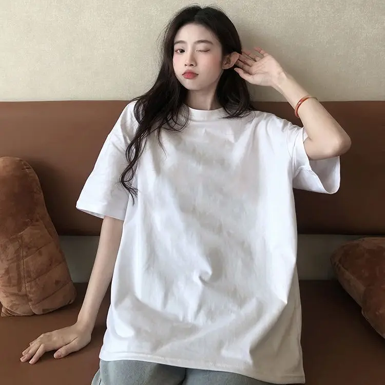 

Pure Cotton Round Neck T-shirt for Women Loose Short Sleeved Base Shirt with Inner Ins White Top Clothes Summer Wear New