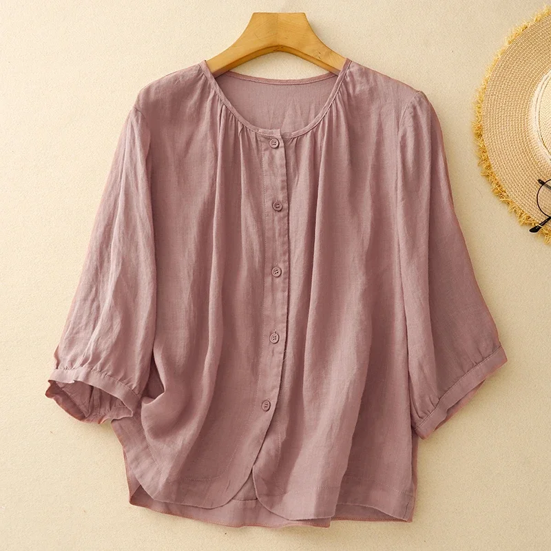 

Cotton Linen Round Neck Shirt Women's Summer New Korean Style Fashion Chic Elegant Simple All-match Lantern Sleeve Casual Top