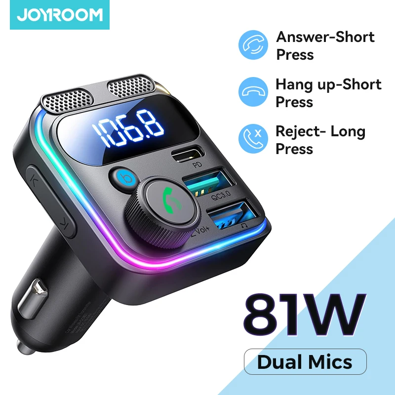 Joyroom Bluetooth 6.0 FM-Transmitter mit PD 45W & QC3.0 Schnellladegerät, Bluetooth Auto-Adapter, Tragbarer Auto-AUX-Radio-Modulator MP3