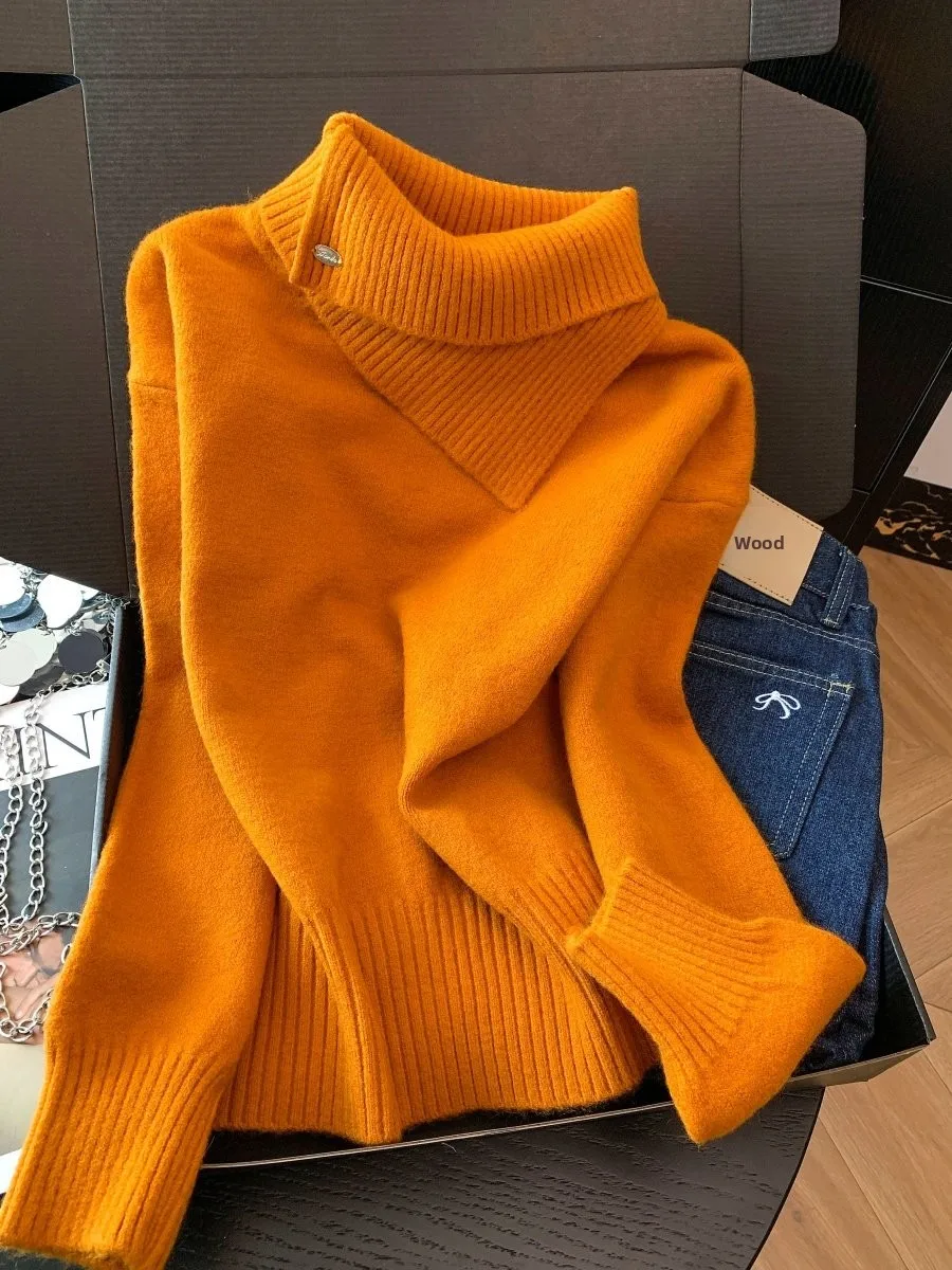 

Оранжевый вязаный свитер с высоким воротом для женщин, осенне-зимний, повседневный, теплый, утолщенный, с длинными рукавами, асимметричным подолом, облегающий...