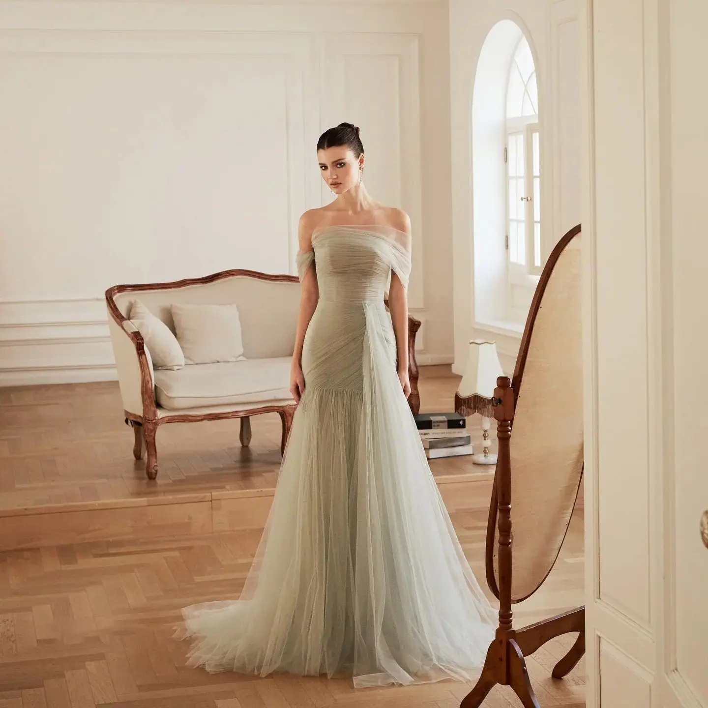 

Customized Mermaid Evening Dress for Women Off Shoulder Sleeveless Prom Gowns Tulle Vestido de Soriee for Formal Occasion