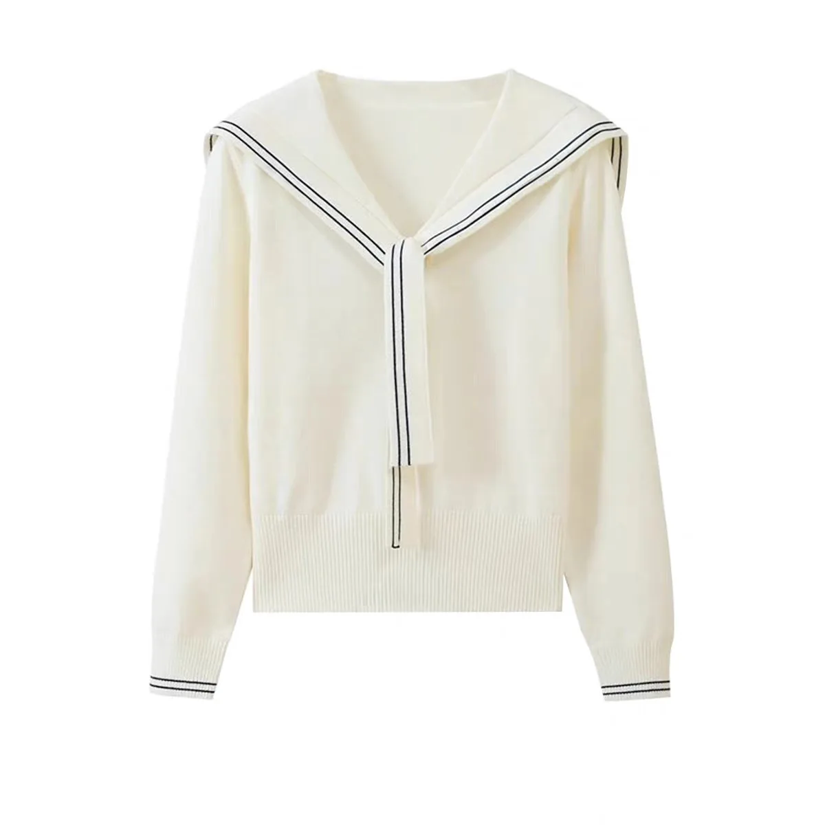 เสื้อสเวตเตอร์คอเซเลอร์สไตล์เกาหลีสำหรับผู้หญิง ลายทางถักแบบนักเรียน แต่งลูกไม้ แต่งเชือกผูกด้านหน้า เสื้อถักนิตติ้ง แฟชั่นลำลองสไตล์หวานๆ สำหรับฤดูใบไม้ผลิและฤดูใบไม้ร่วง