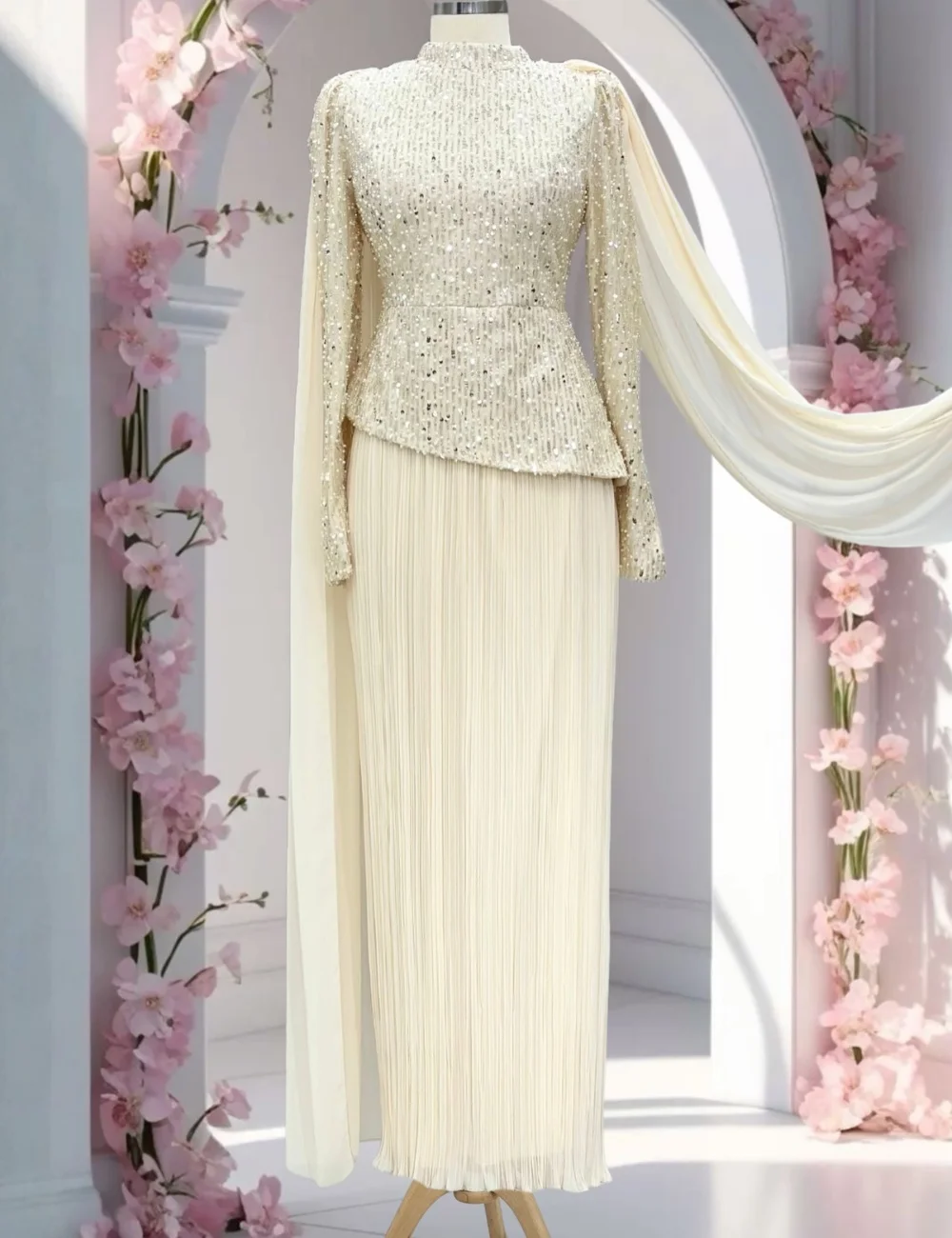 

Customized Simple Chiffon Sequined Pleat A-line High Collar Long Evening Dresses Luxury 2025 Chinese Style Sparkle