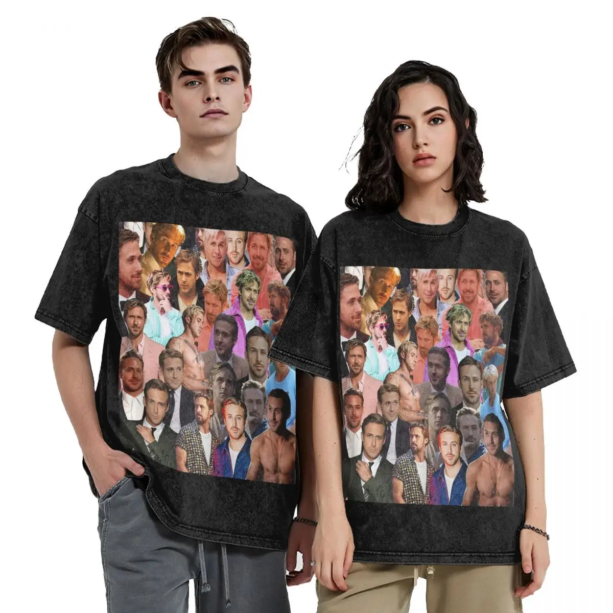 Ryan Gosling Photo Collage Washed T Shirts Vintage Short Sleeve Hip Hop T-Shirt Streetwear Tops Tees for Men Women