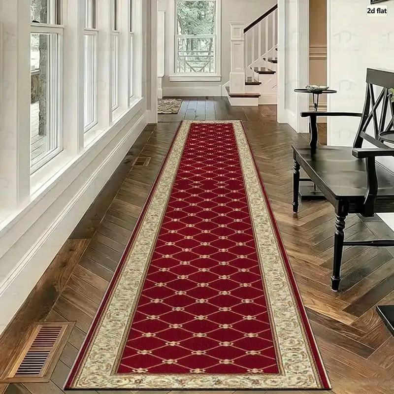 Luxury Red Geometric Lattice Carpet Flooring, Noble European Border Area Rug for Hallway Living Space