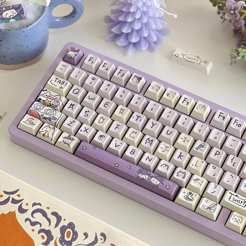 Imagem -04 - Teclado de Tema Roxo Moa Cherry Keycaps Magic Cat Pbt Cinco Lados Sublimação Térmica Teclado Mecânico 131 Chaves 150 Chaves