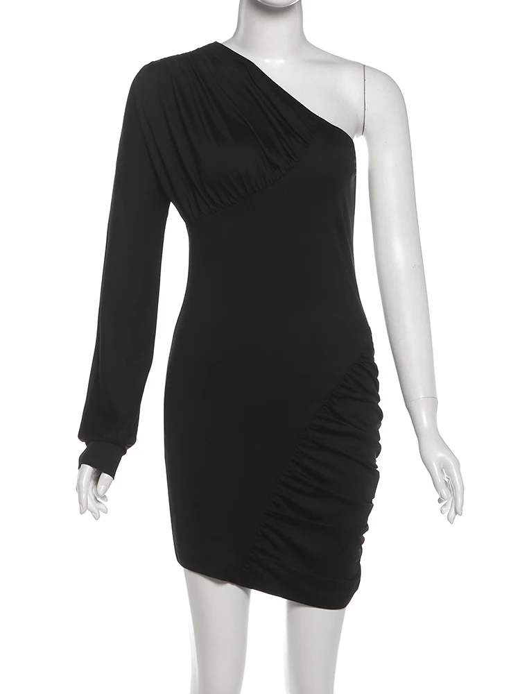 Sisterlinda Autumn One-Sided Sleeve Dress Women Asymmetrical Collar Folds Solid Skinny Fashion Sexy Prom Party Midnight Bodycon