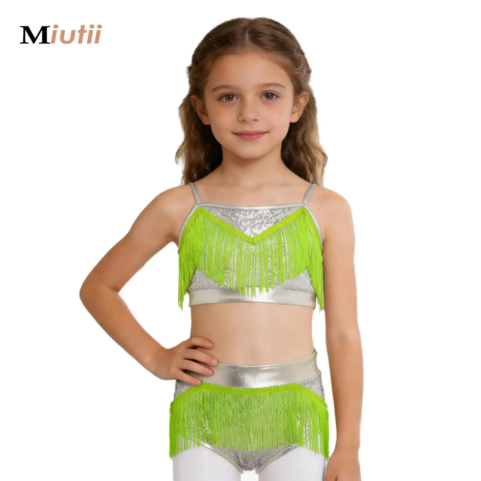 

Kids Girls Rhinestone Tassel Latin Salsa Samba Dance Outfit Tango Performance Costume Crop Top with Ruffle Skirt Carnival Wear