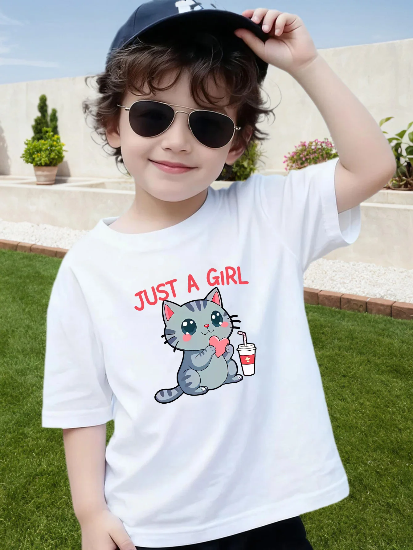 Sweet Cartoon Cat Slogan Print Boys Girls Family Matching Cotton Short Sleeve Summer Crew Neck Soft Casual Kids Daily T Shirts