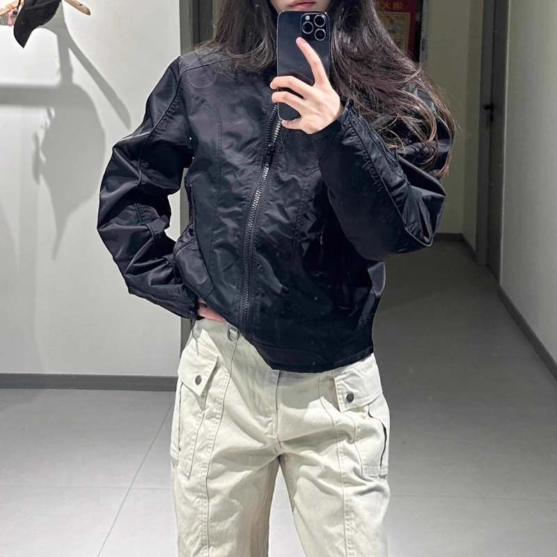 Vintage Casual Short Zipper Jacket Women's Spring Stand-Up Collar Black Flight Jacket Top