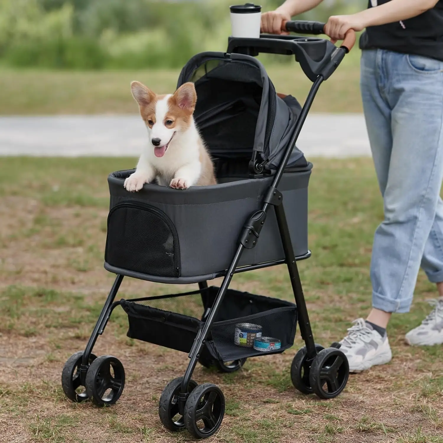 Dog Stroller, Pet Folding Stroller, 4 Wheels Dog/Cat Puppy Stroller w/Removable Travel Carrier