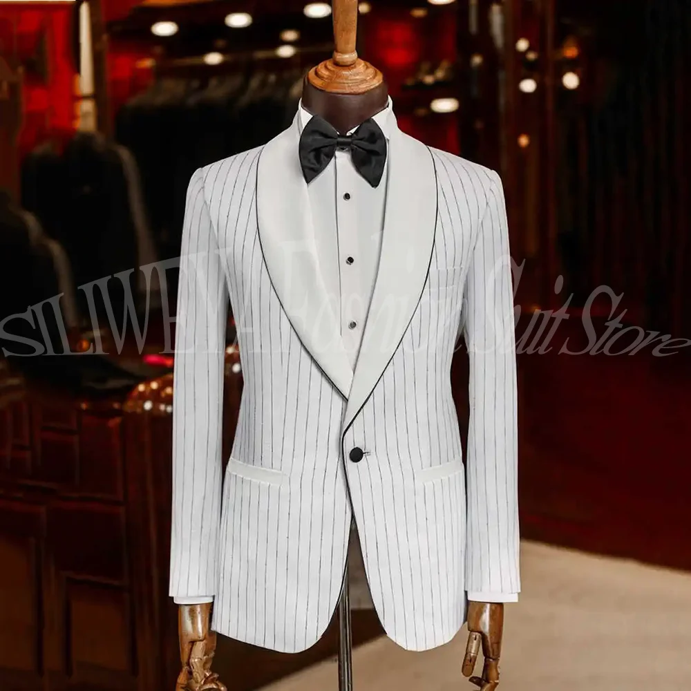 

Elegant White Pinstripe 2 Pieces Suit For Men Formal Blazer Shawl Lapel Wedding Tuxedos Business Premium Formal Wear Outfit