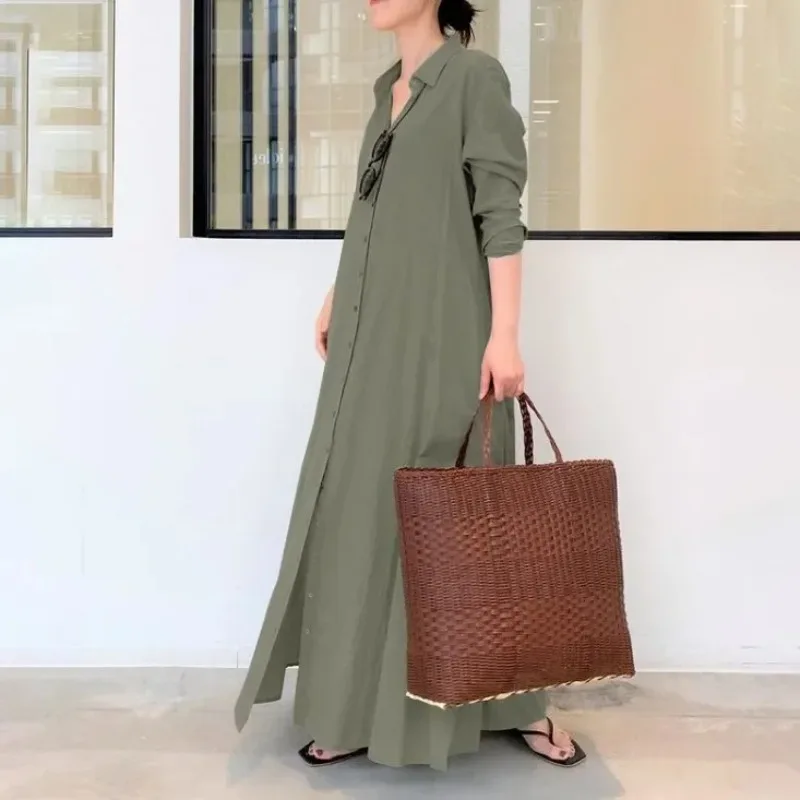 

Loose Long Sleeve Pure Color Shirt Dress New Style Casual Simple Design Long Length Collared Dress with Pockets for Women