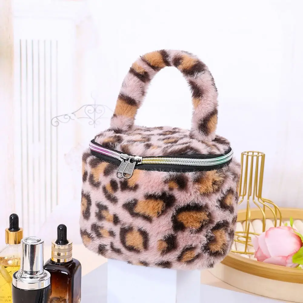 Bolsas de maquillaje de felpa con estampado de leopardo, bolsa de cosméticos suave de gran capacidad para mujer, organizador de almacenamiento de cosméticos con cremallera duradera para niñas