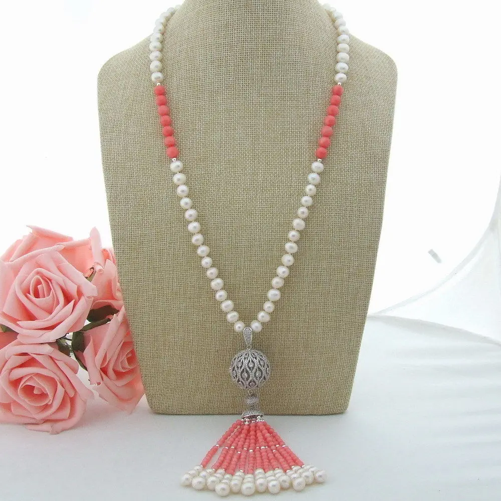 white freshwater cultured pearl pink coral micro sphere inlay zircon accessories tassel pendant sweater necklace long 66 cm