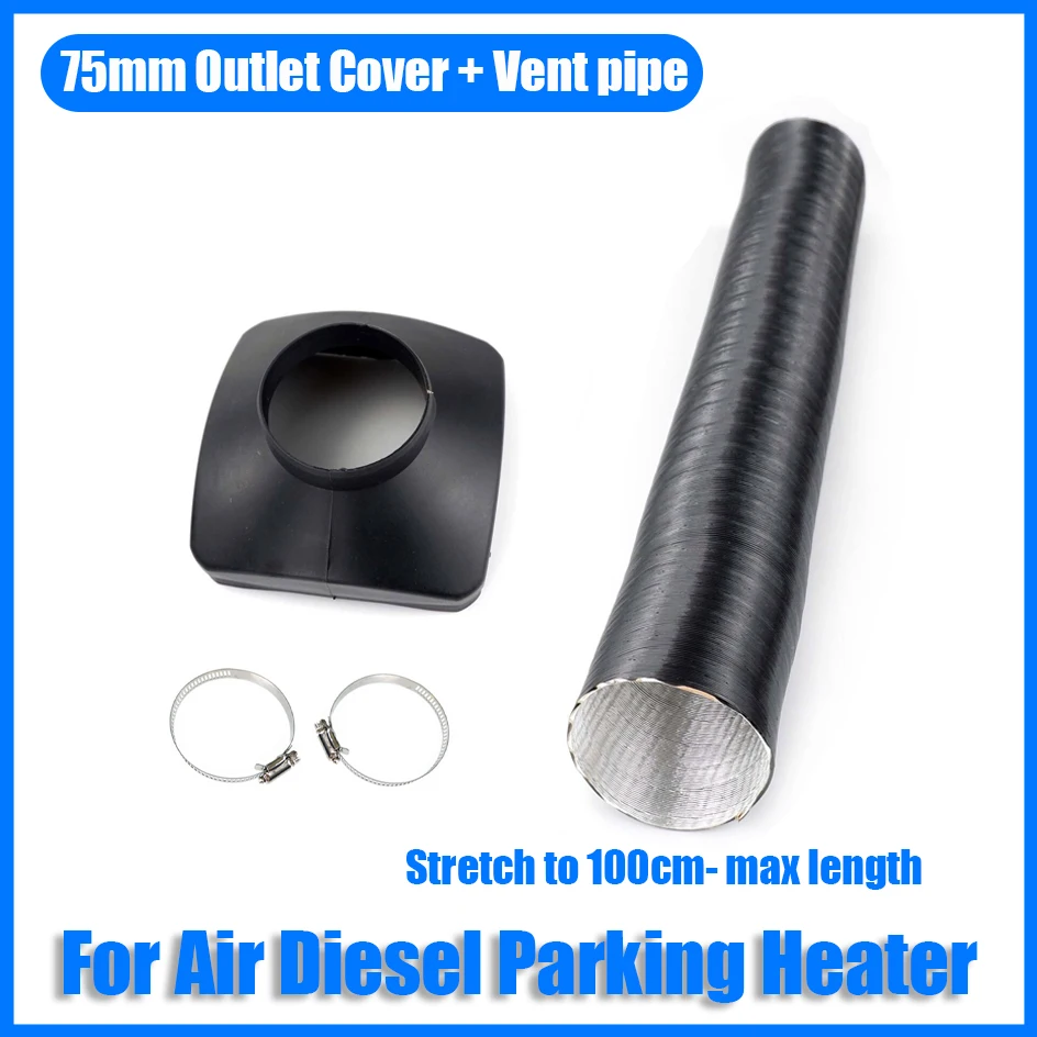 5KW 75mm Air Outlet Vent Cover Stretched Length 100cm Air Diesel Parking Heater Duct Ducting Pipe Black For Car Camper Caravan