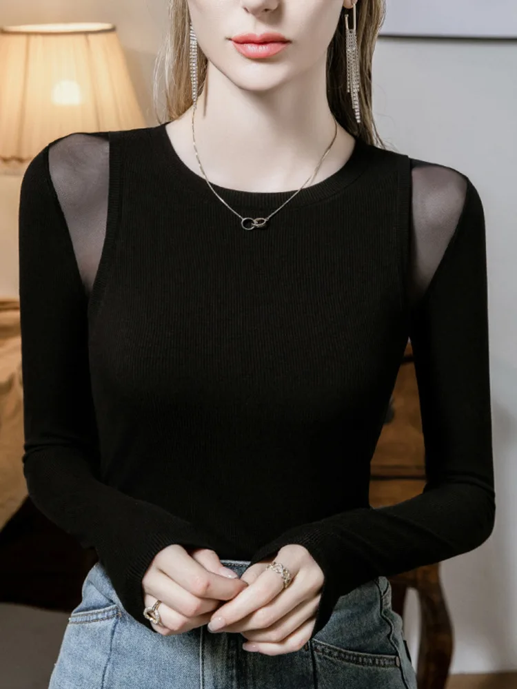 Sheer Mesh Patchwork Slim Long Sleeve Dance Top – Elegant Round Neck Classical Performance Costume for Women Girl Top