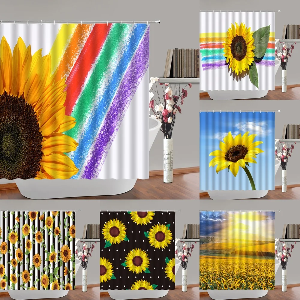 Rainbow Sunflower Shower Curtain Bathroom Decor Set Yellow Floral Blooming Flowers Watercolor Scenery Bath Curtains Home Screen