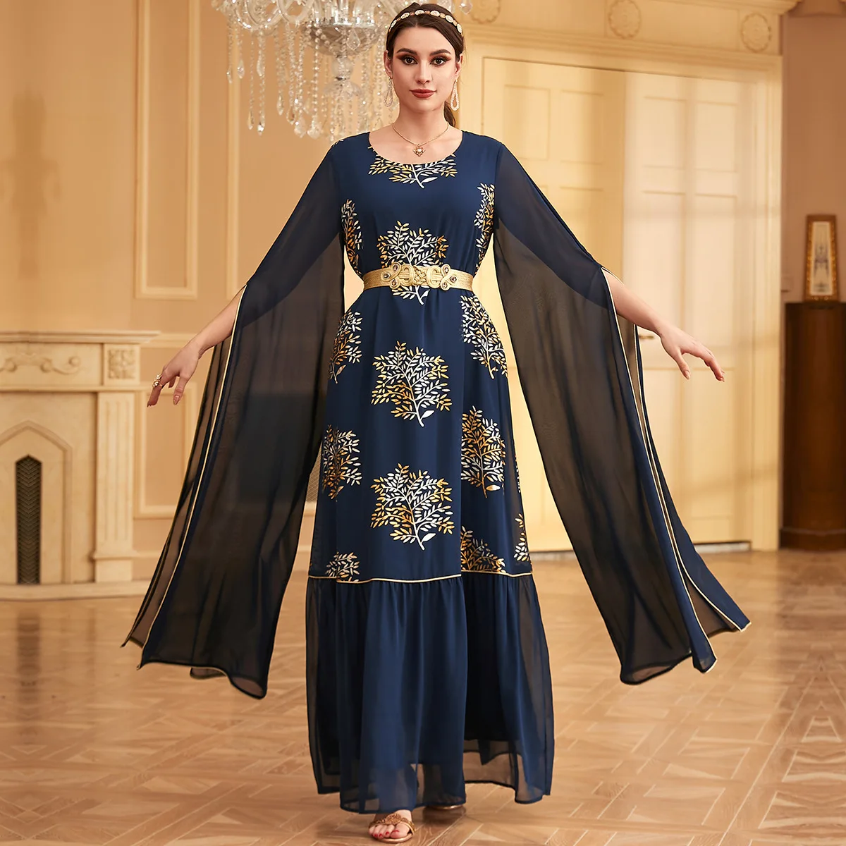 3954 Fashion Muslim Robe Women's Dubai Long Skirt Ultra Long Sleeve Gold Plated Dress