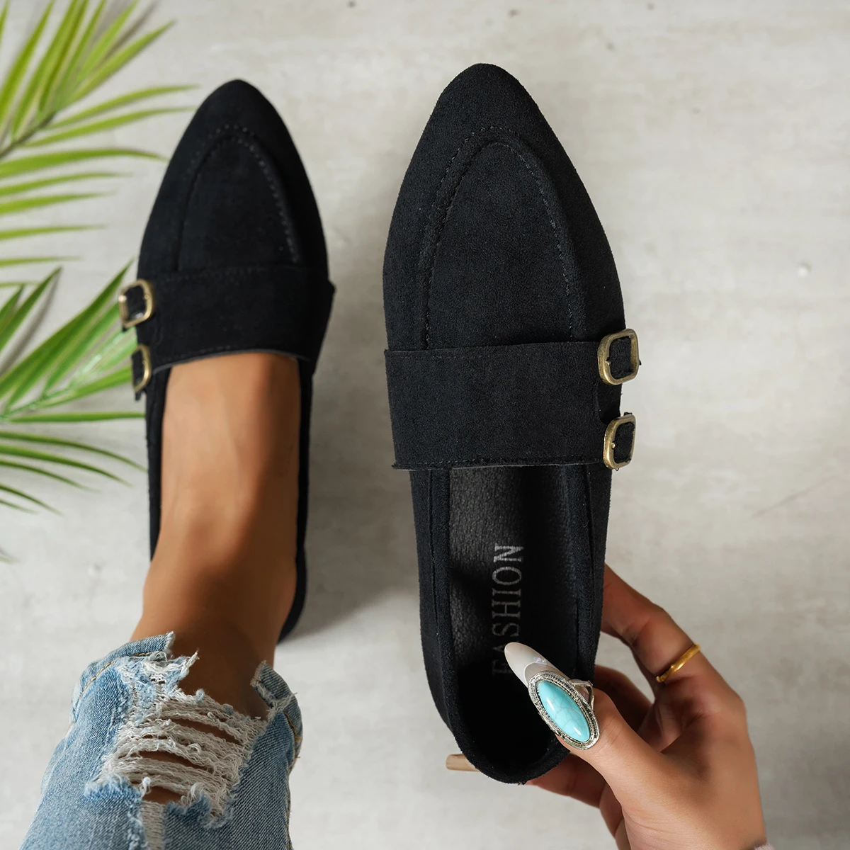 

New Autumn & Winter Pointed-Toe Women's Shoes ~ Stylish Slip-On Shoes with Pointed-Toe Design and Double Buckle Decoration