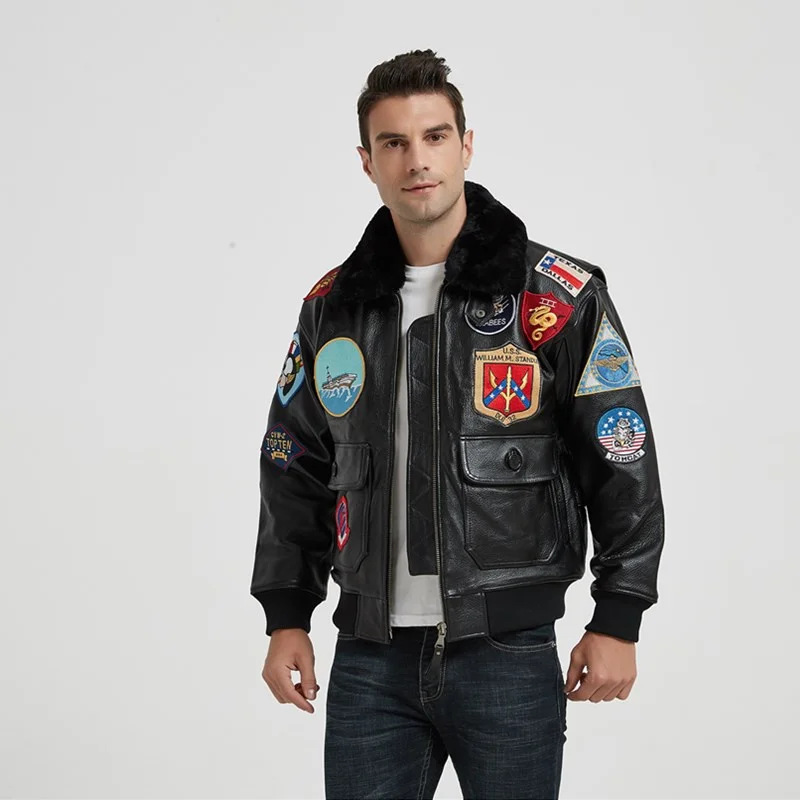 Black Top Gun Pilot Leather Jacket Men Military Style Europe Size Natural Thick Cowhide G1 Air Force Flight Coat