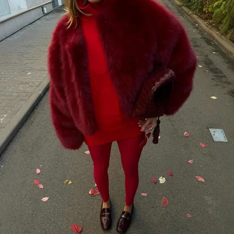 Tuularose Women Fur Coat Women 2025 Plush Red Bomber Jacket Solid Crop Long Sleeve Jacket Warm Winter Coats Female Casual Coats