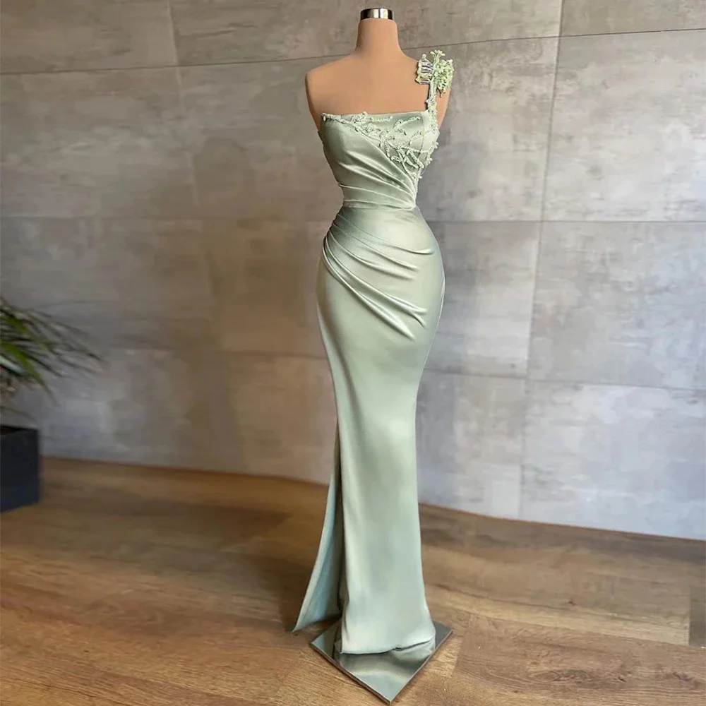 Vestido de noche verde claro para mujer, vestido elegante de un hombro sin mangas, satén plisado, apliques de princesa, fiesta Formal de Graduación