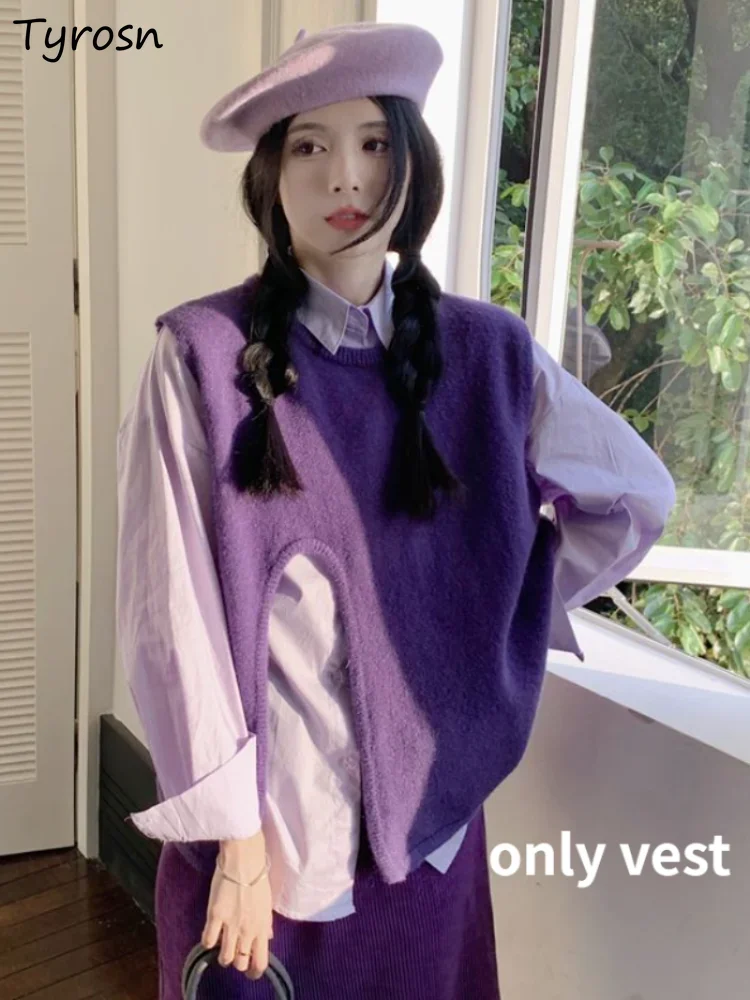 

Sweater Vest Women Loose Students Irregular Designer Daily Simple Solid Trendy Autumn Kawaii Knitting Korean Style All-match New