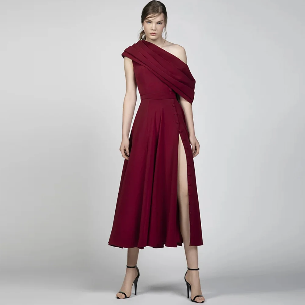 

Simple Burgundy Jersey Evening Dress Fashion One Shoulder Prom Dresses Delicate Short Sleeves Customized Special Occasion Gowns