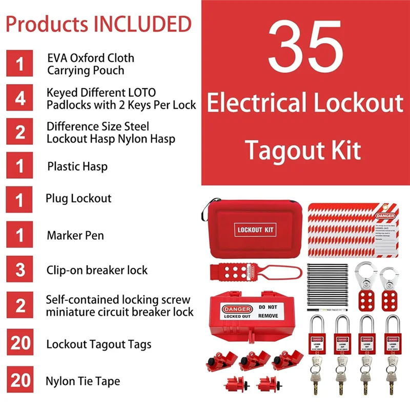 T24C 35Pc Lotokit, Kit Listrik Tagout Pengunci Portabel untuk Perangkat Pengunci Industri, Kit Gembok Profesional