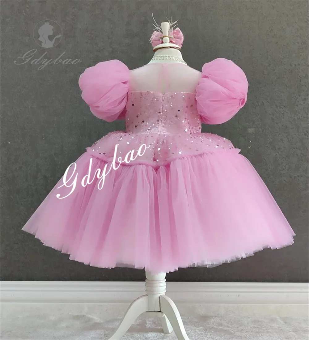 Luz azul tule vestidos da menina de flor princesa fofo balão mangas primeira comunhão aniversário casamento evento formal personalizado