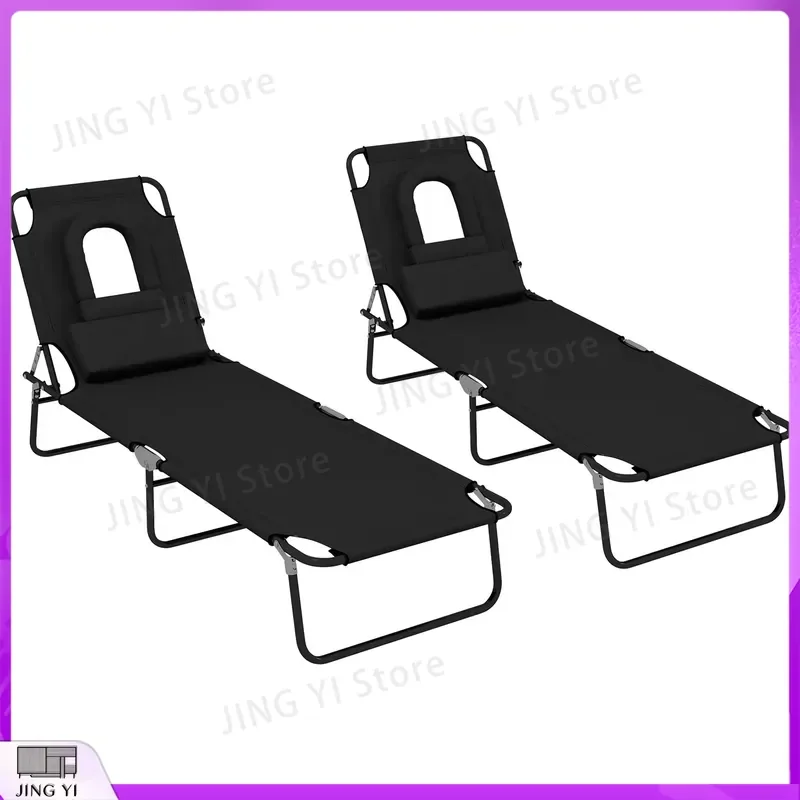Foldable Outdoor Sun Lounger Set of 2 with 4-Level Adjustable Backrest Reclining Chair Pillow Reading Hole Portable